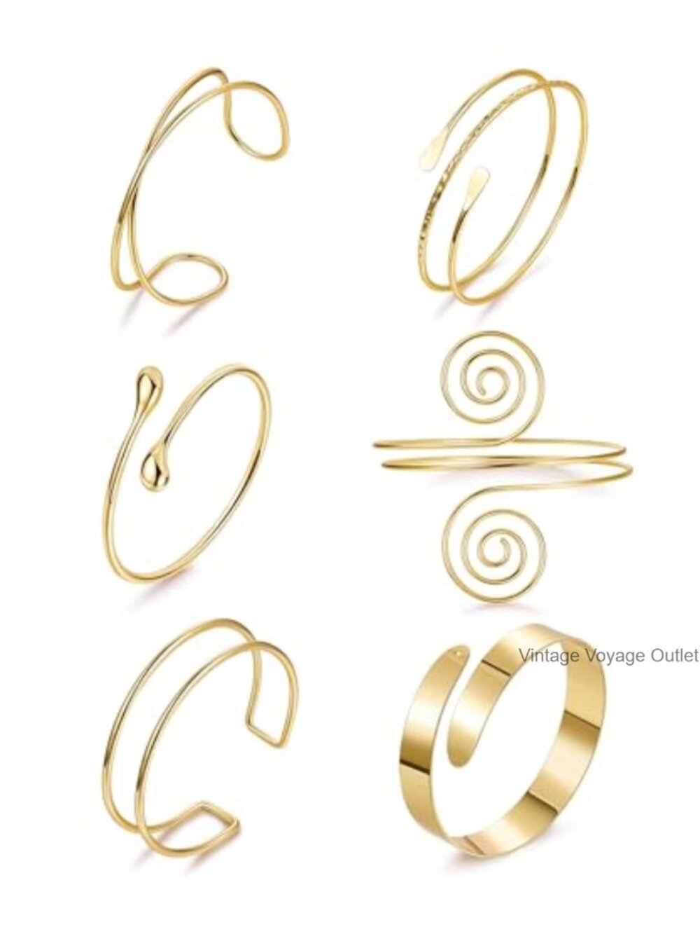 6PCS Gold Arm Cuff Set Adjustable Open Bangle Minimalist Coil Swirl Upper Arm